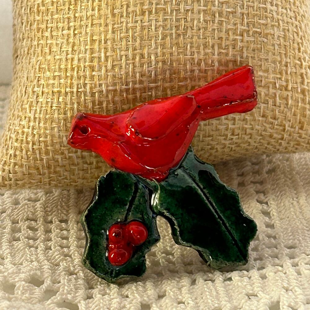 Ceramic Cardinal Bird Holly Berry Brooch Pin